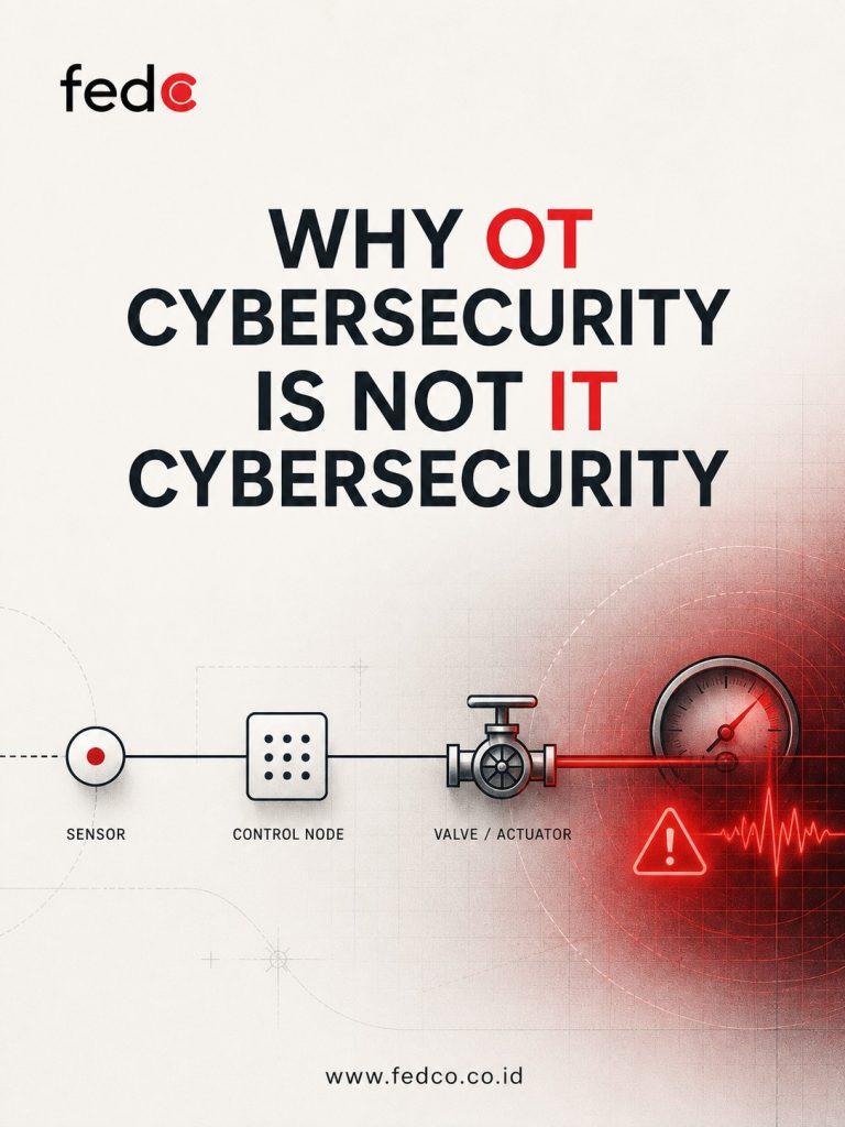 Fedco poster titled “Why OT Cybersecurity Is Not IT Cybersecurity.” A sensor-control-valve process line enters a red hazard zone with a pressure gauge and warning signal, illustrating how a cyber event can create physical safety exposure.